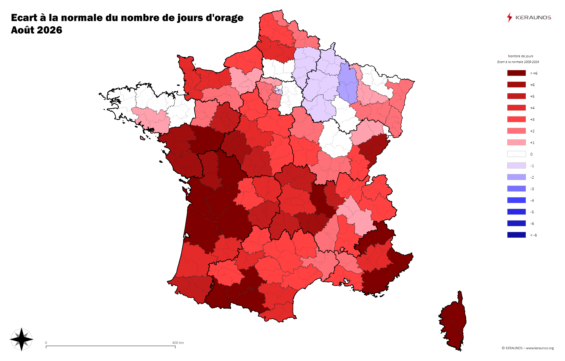 Carte Anomalie du nombre de jours avec orage (moyenne 2009-2015)