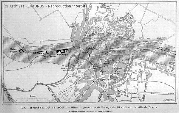 DREUX (Eure-et-Loir) - Plan du parcours de l'orage du 18 août 1890 sur la ville