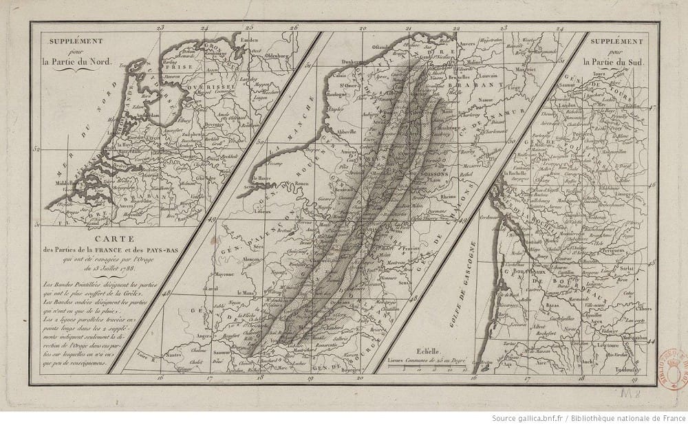 Trajectoire des orages du 13 juillet 1788 et zones dévastées par la grêle. (c) Gallica/BNF