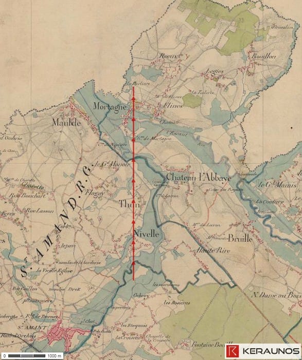 Trajectoire de la tornade EF4 de Nivelle (Nord) du 22 juillet 1779. © Keraunos (fond de carte : Carte de l'Etat-Major de 1820-1866)