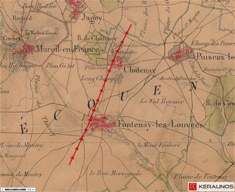 Trajectoire de la tornade EF4 de Châtenay-en-France (Val-d'Oise) du 18 juin 1839. © Keraunos (fond de carte : carte de l'Etat-Major de 1820-1866)