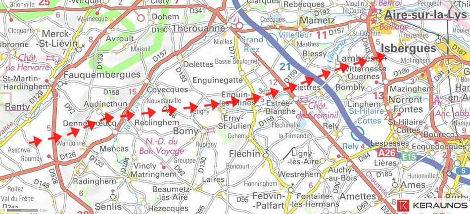 Tornade EF4 de Lambres (Pas-de-Calais) du 6 juillet 1822. La même trajectoire au XXIe siècle. © Keraunos (fond de carte : Géoportail)