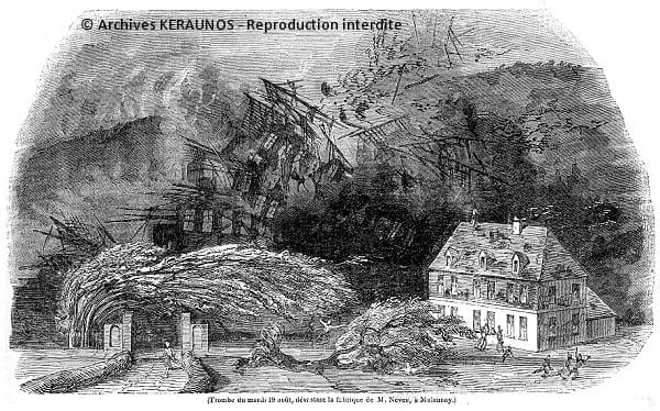 Tornade de Montville du 19 août 1845. Passage de la tornade sur la fabrique Neveu. © Keraunos