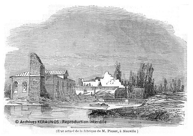 Tornade de Montville du 19 août 1845. Dommages sur les bâtiments de la filature Picquot-Deschamps. © Keraunos