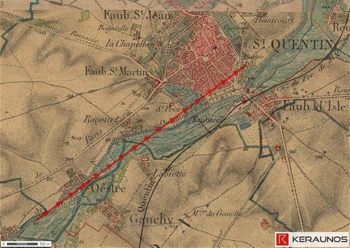 Trajectoire de la tornade EF2 de Saint-Quentin (Aisne) du 15 juin 1838. © Keraunos (fond de carte : carte de l'état major de 1820-1866)