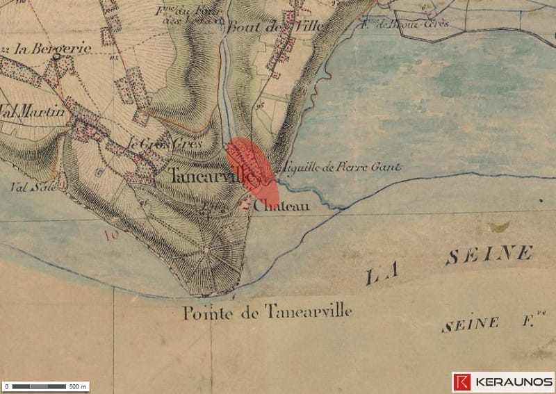 Tornade EF1 de Tancarville (Seine-Maritime) du 12 juillet 1830. Plage de couleur rouge : emplacement présumé de la tornade. © Keraunos (fond de carte : Carte de l'Etat-Major de 1820-1866)