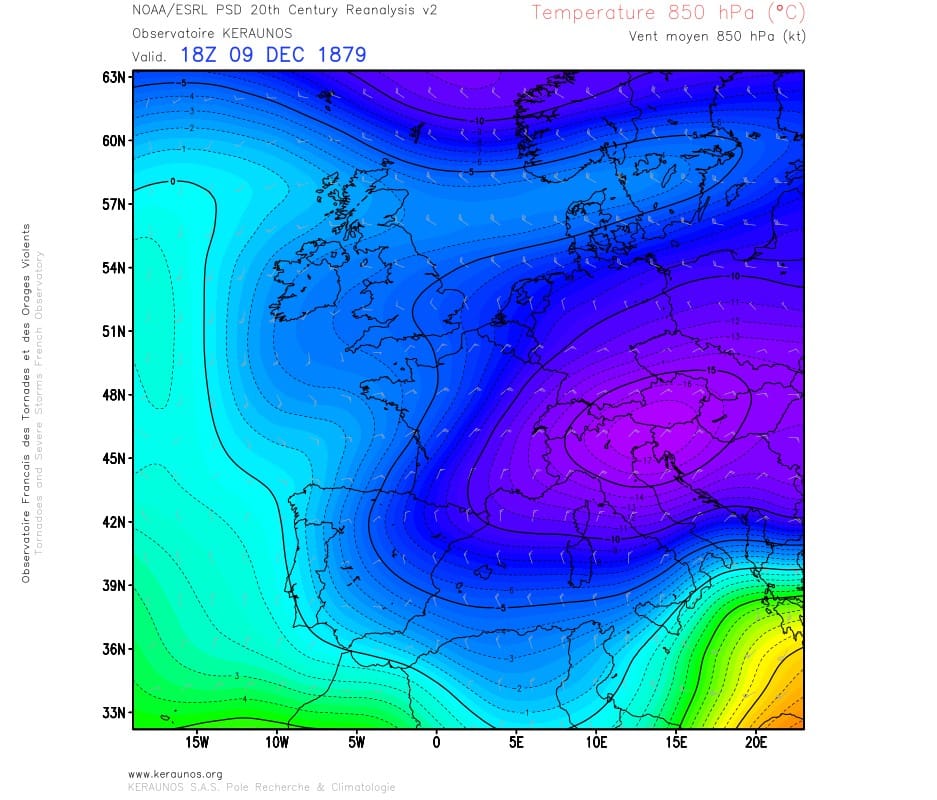 Température et vent à 850 hPa, le 9 décembre 1879 à 18h. Réanalyse NOAA/ESRL PSD. © KERAUNOS