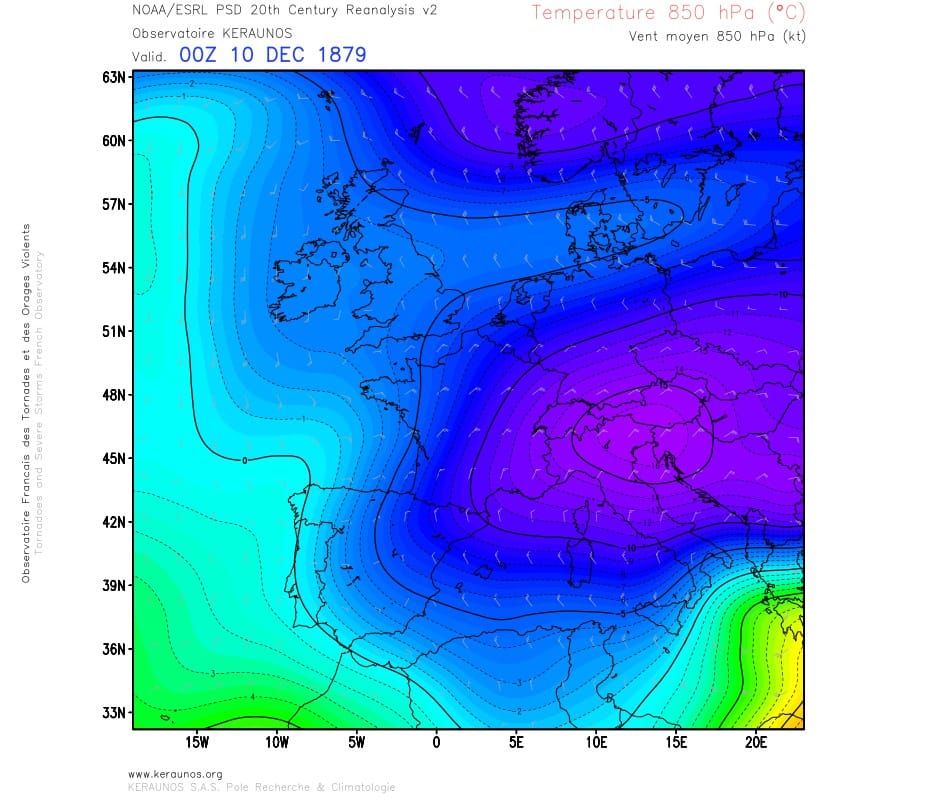 Température et vent à 850 hPa, le 10 décembre 1879 à 00h. Réanalyse NOAA/ESRL PSD. © KERAUNOS