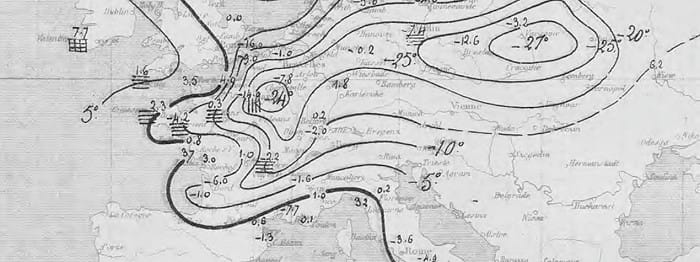 Carte du mardi 9 décembre 1879 : températures mesurées et évolution par rapport à la veille.