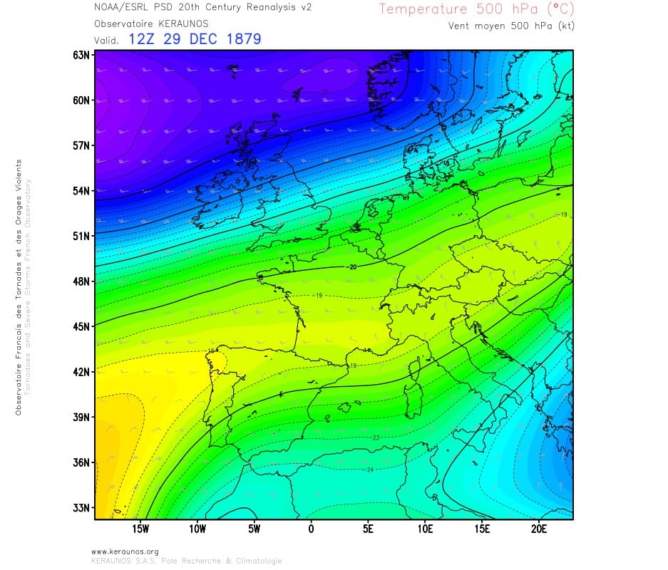 Température et vent à 500 hPa le 30 décembre 1879 à 18h. Réanalyse NOAA/ESRL PSD. © KERAUNOS