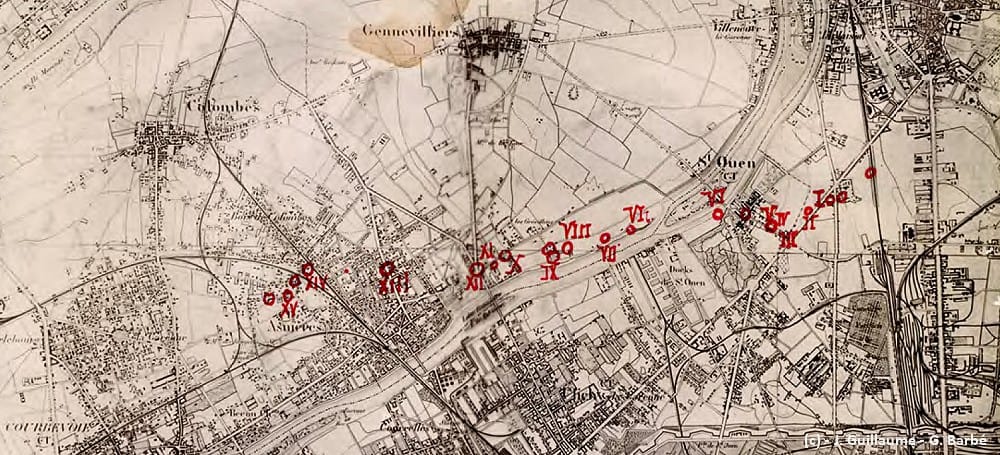 Tornade EF3 d'Asnières-sur-Seine (Hauts-de-Seine) du 18 juin 1897 - Détail de la trajectoire entre Bois-Colombes et le sud-ouest de Saint-Denis. (c) - J. Guillaume et G. Barbé