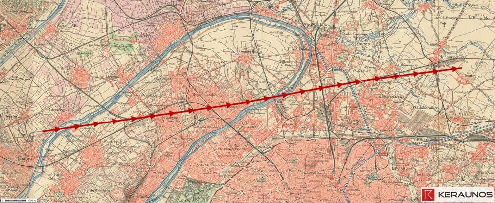 Trajectoire de la tornade EF3 d'Asnières-sur-Seine (Hauts-de-Seine) du 18 juin 1897. © Keraunos (carte topographique des environs de Paris de 1906)