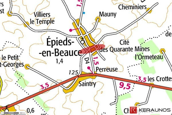 Tornade EF1 d'Epieds-en-Beauce (Loiret) du 8 août 1897. Plage de couleur rouge : superficie minimale atteinte. © Keraunos (fond de carte : Géoportail)
