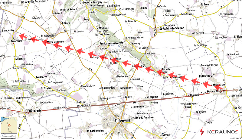 Trajectoire de la tornade EF1 de Fontaine-la-Louvet (Eure) du 16 seotembre 1879. © Keraunos (fond de carte : Géoportail)