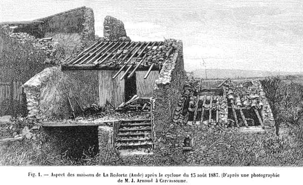 Tornade EF4 de la Redorte (Aude) du 13 août 1887. Habitations éventrées. © La Nature (d'après des photographies de M. Arnaud)