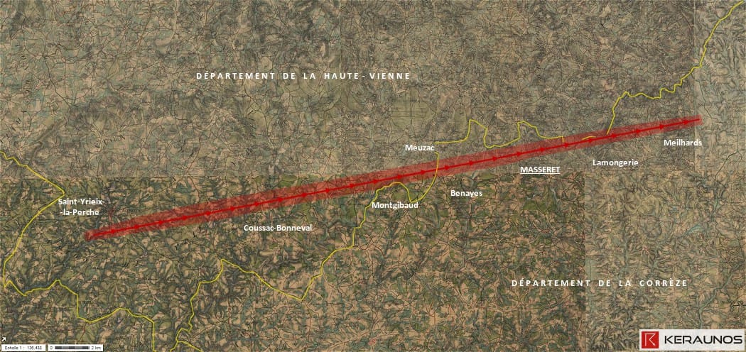 Trajectoire de la tornade EF4 de Masseret (Corrèze) du 31 mai 1865. Plage de couleur rouge : espace ravagé par la tornade (aspirations périphériques comprises) et par la grêle. © Keraunos (fond de carte : Carte de l'Etat-Major de 1820-1866)