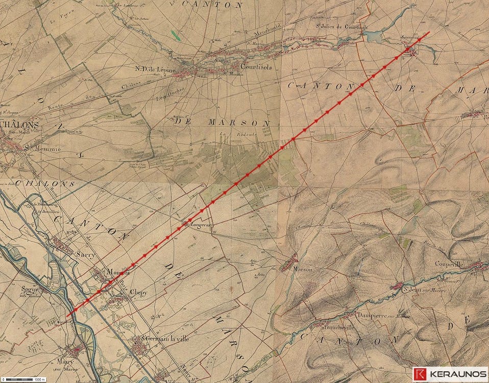 Trajectoire de la tornade EF4 de Moncetz-Longevas (Marne) du 19 octobre 1874. © Keraunos (fond de carte : Carte de l'Etat-Major de 1820-1866)