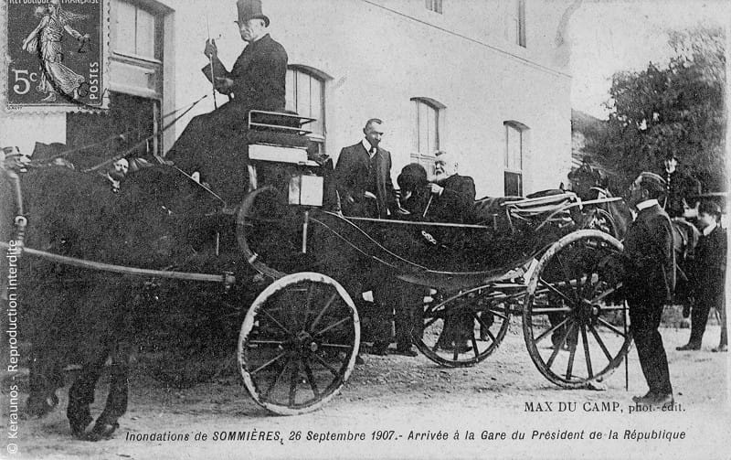 SOMMIÈRES (Gard) - Vidourlade du 26 septembre 1907. Arrivée à la gare du Président de la République Armand Fallières, le 30 septembre. © Keraunos