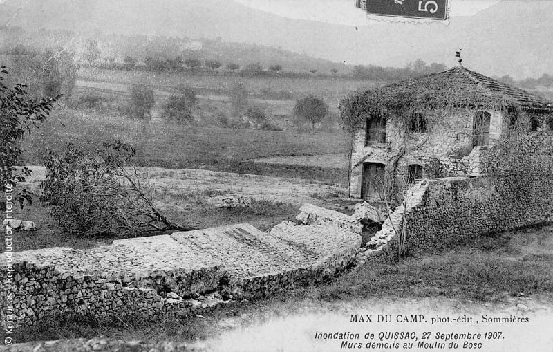 QUISSAC (Gard) - Vidourlade du 27 septembre 1907. Murs démolis au moulin du Bosc. © Keraunos