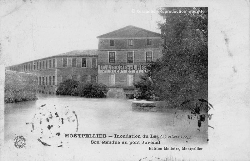 MONTPELLIER (Hérault) - Crue du Lez des 15-16 octobre 1907. Etendue de l'inondation au niveau du pont Juvénal le 15 octobre. © Keraunos
