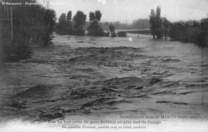 MONTPELLIER (Hérault) - Crue du Lez des 15-16 octobre 1907. Etendue de l'inondation au niveau du pont Juvénal le 16 octobre. © Keraunos