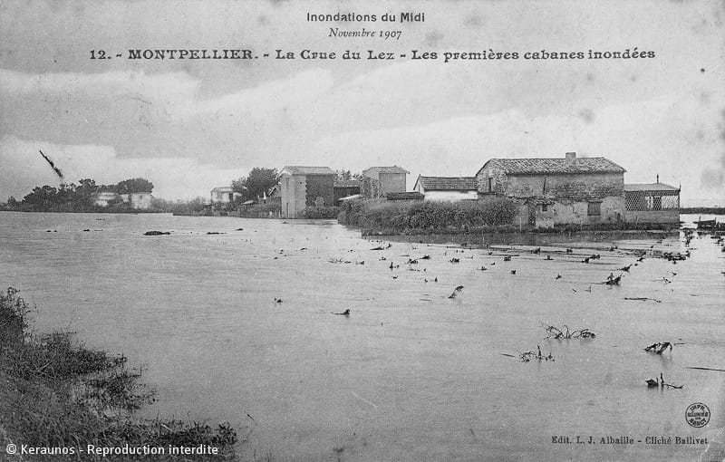 MONTPELLIER (Hérault) - Crues du Lez en novembre 1907. Premières cabanes touchées au sud de l'agglomération. © Keraunos