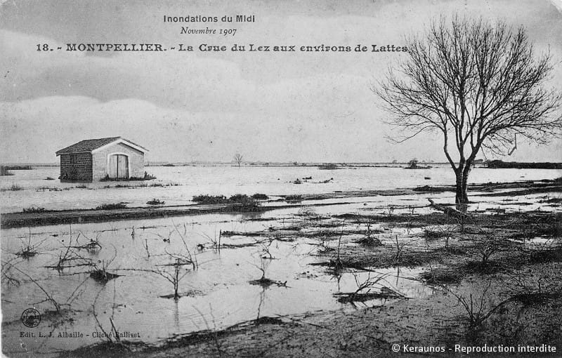 LATTES (Hérault) - Crues du Lez en novembre 1907. Aperçu de la crue aux environs de Lattes. © Keraunos