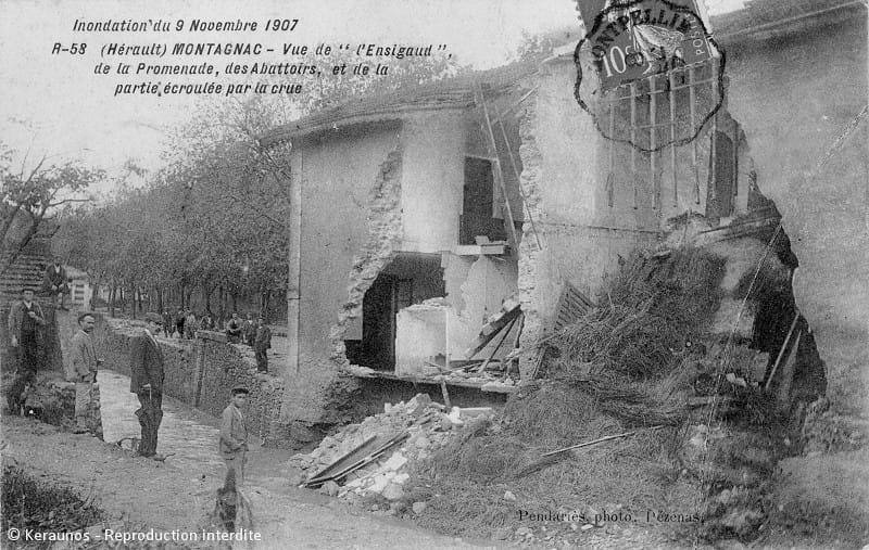 MONTAGNAC (Hérault) - Crue du ruisseau d'Ensigaud du 9 novembre 1907. Vue de la promenade, des abattoirs, et de la partie écroulée par la crue. © Keraunos