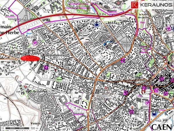 Tornade EF1 de Caen (Calvados) du 25 octobre 1937 - Localisation des dégâts - Trajectoire indéterminée à ce jour. © Keraunos (fond de carte : Géoportail) Tornade EF1 de Caen (Calvados) du 25 octobre 1937 - Localisation des dégâts - Trajectoire indéterminée à ce jour. © Keraunos (fond de carte : Géoportail)