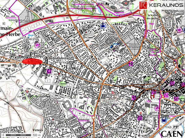 Tornade EF1 de Caen (Calvados) du 25 octobre 1937 - Localisation des dégâts - Trajectoire indéterminée à ce jour. © Keraunos (fond de carte : Géoportail)