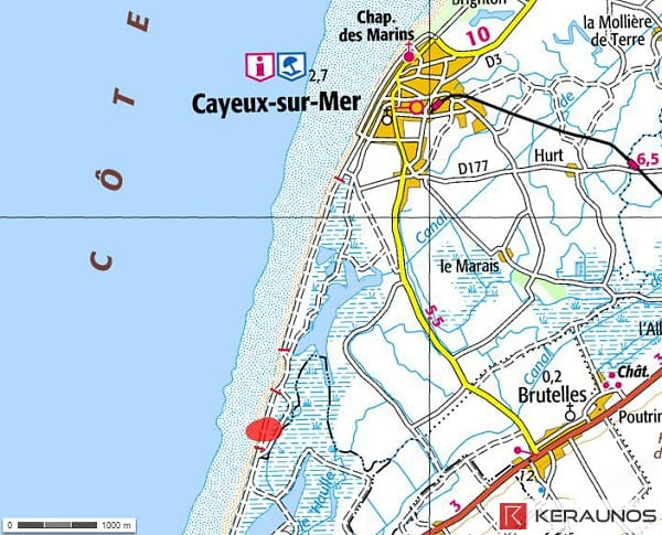 Tornade EF0 de Cayeux-sur-Mer (Somme) d'août 1927 - Localisation présumée de la trombe marine une fois échouée dans les terres. © Keraunos (fond de carte : Géoportail)