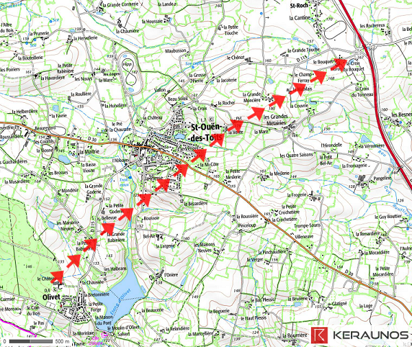 Trajectoire de la tornade EF2 de Saint-Ouën-des-Toits (Mayenne) du 15 août 1931. © Keraunos (fond de carte : Géoportail)