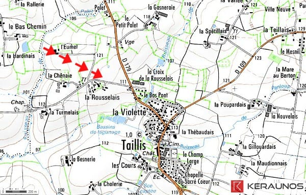 Trajectoire de la tornade EF1 de Taillis (Ille-et-Vilaine) du 14 octobre 1932. © Keraunos (fond de carte : Géoportail)