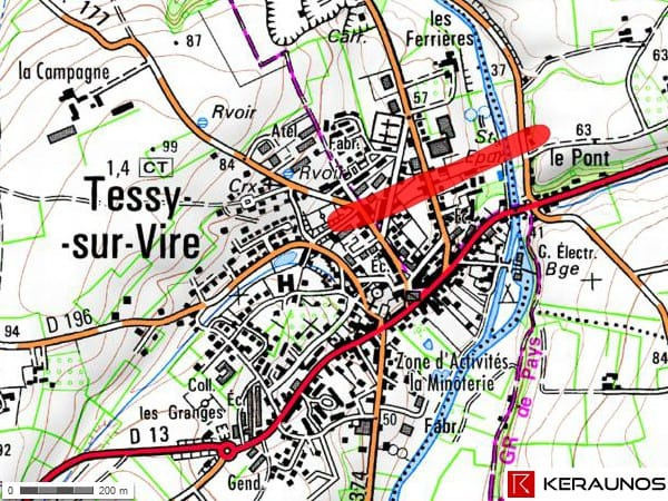 Tornade EF2 de Tessy-sur-Vire (Manche) du 15 novembre 1928 - Couloir de dégâts observé dans la commune de Tessy-sur-Vire et à l'extrême sud-ouest de Domjean. © Keraunos (fond de carte : Géoportail)