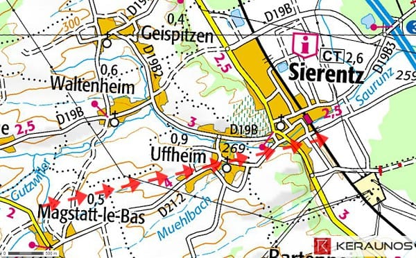 Trajectoire de la tornade EF2 d'Uffheim (Haut-Rhin) du 20 juin 1932. © Keraunos (fond de carte : Géoportail)