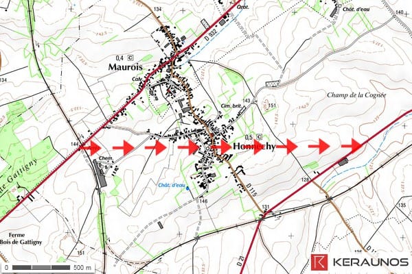 Trajectoire de la tornade EF2 de Honnechy (Nord) du 14 janvier 1965. © Keraunos (fond de carte : Géoportail) Trajectoire de la tornade EF2 de Honnechy (Nord) du 14 janvier 1965. © Keraunos (fond de carte : Géoportail)