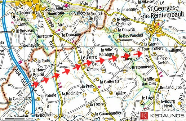 Trajectoire de la tornade EF2 du Ferré (Ille-et-Vilaine) du 16 décembre 1955. © Keraunos (fond de carte : Géoportail)