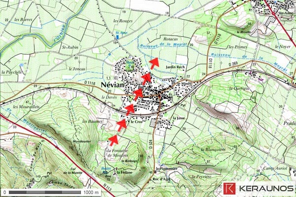 Trajectoire de la tornade EF1 de Névian (Aude) du 5 juin 1963. © Keraunos (fond de carte : Géoportail)