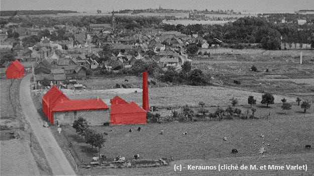 Tornade EF5 de Palluel (Pas-de-Calais) du 24 juin 1967 - Vue de la rue du Faubourg en 1966 - Les plages rouges représentent les constructions qui seront rasées par la tornade. © M. et Mme Varlet