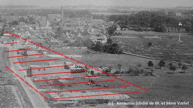 Tornade EF5 de Palluel (Pas-de-Calais) du 24 juin 1967 - Vue de la rue du Faubourg après la tornade - La superficie sinistrée est délimitée par les pointillés - Plusieurs constructions sont rayées de la carte. © M. et Mme Varlet