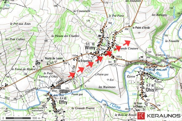 Trajectoire de la tornade EF2 de Wimy (Aisne) du 12 avril 1965. © Keraunos (fond de carte : Géoportail) Trajectoire de la tornade EF2 de Wimy (Aisne) du 12 avril 1965. © Keraunos (fond de carte : Géoportail)