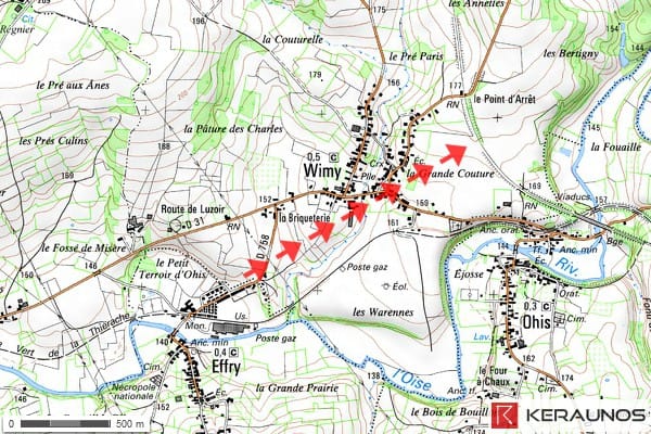 Trajectoire de la tornade EF2 de Wimy (Aisne) du 12 avril 1965. © Keraunos (fond de carte : Géoportail)