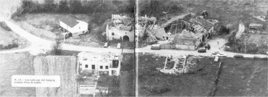 Habitations fortement endommagées à Hennecourt dans les Vosges - http://croqcentrevosges.free.fr/pdf/tornade_11_juillet_1984.pdf