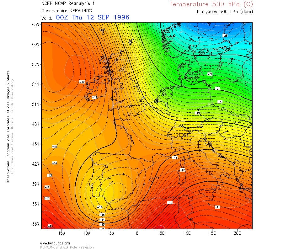 Réanalyse NCEP NCAR 2,5° du 12 septembre 1996 à 00z - champ de température à 500 hPa