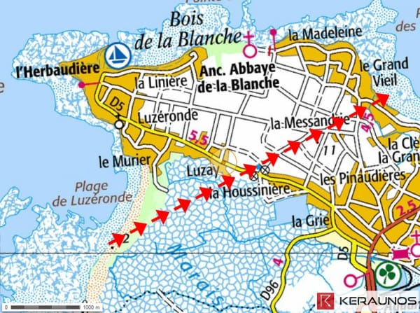 Trajectoire de la tornade de Noirmoutier-en-l'Ile (Vendée) du 8 novembre 1997. © Keraunos (fond de carte : Géoportail)