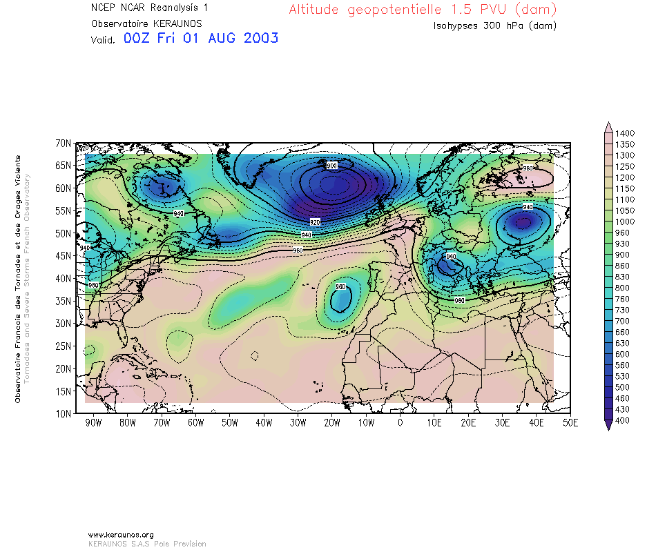 Altitude géopotentielle de la tropopause dynamique (1,5 PVU) et isohypses 300 hPa. Animation sur la période du 1er au 15 août 2003, par intervalles de 6 heures. Réanalyses en résolution 2,5°. (c) KERAUNOS