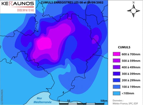 Cumuls relevés les 8 et 9 septembre dans le Gard et ses environs