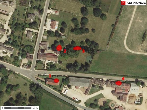 Trajectoire de la tornade EF0 de Villechétive (Yonne) du 11 février 2007 - Vue aérienne et principaux dégâts Trajectoire de la tornade EF0 de Villechétive (Yonne) du 11 février 2007 - Vue aérienne et principaux dégâts