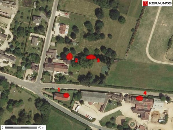 Trajectoire de la tornade EF0 de Villechétive (Yonne) du 11 février 2007 - Vue aérienne et principaux dégâts