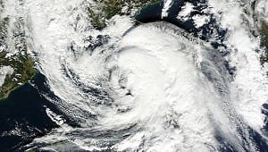 Image satellite canal visible du 8 novembre 2011 (MODIS), montrant la tempête subtropicale en activité entre Baléares et côtes françaises.